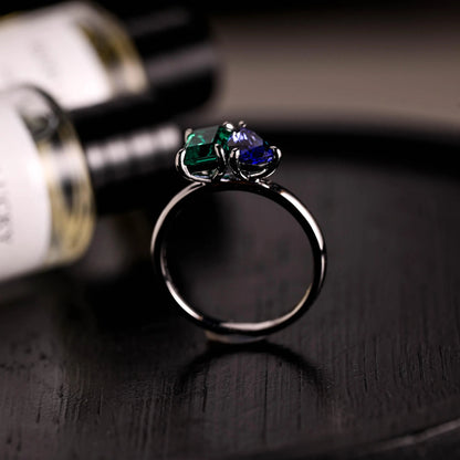 Lab Grown Sapphire Toi et Moi Wedding Ring, Solid Gold Emerald Gemstone Birthstone Memorial Ring