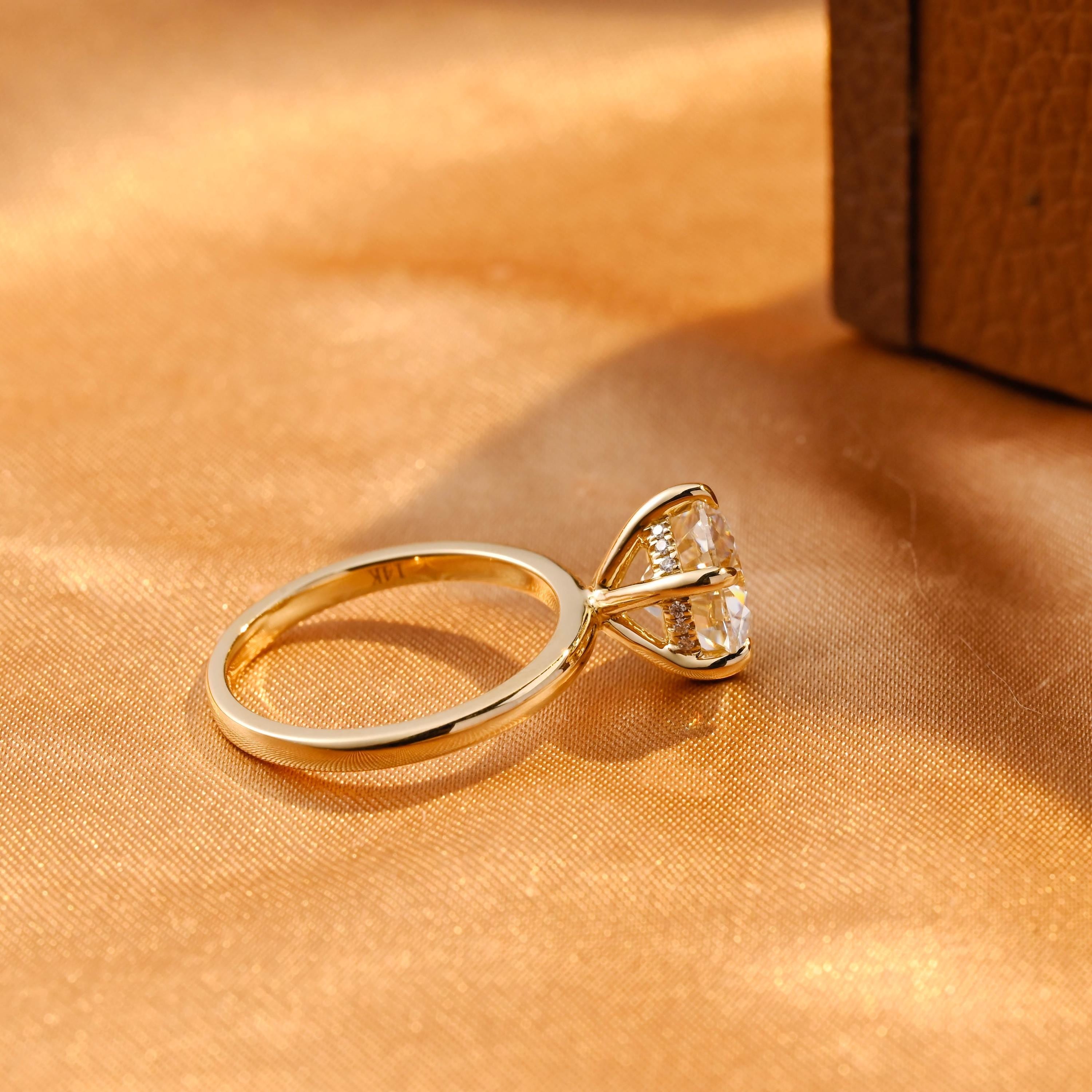 Hidden Halo Round Cut Moissanite Engagement Ring, Solid Gold Classic 6-Prong Anniversary Ring for Women