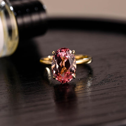 Solid Gold Tulip Setting Oval Cut Lab Grown Pink Sapphire Engagement Ring