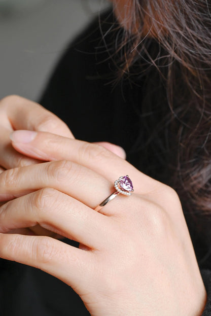 Heart Cut Pink Moissanite Engagement Ring, Unique Halo Heart Cut Wedding Ring