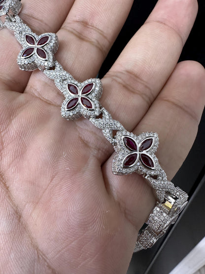 Iced Out Clover Bracelet: 925 Sterling Silver, Moissanite & Red Sapphire