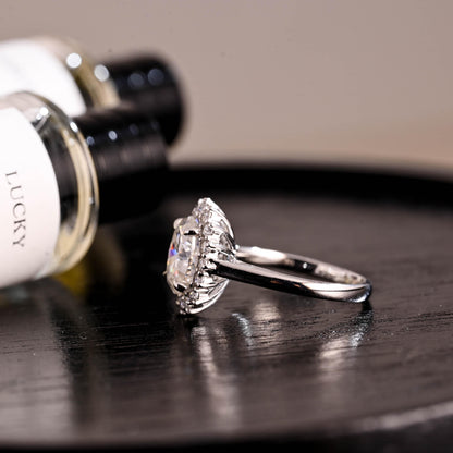 Solid Gold Starburst Oval Cut Moissanite Engagement Ring, Halo Wedding Ring