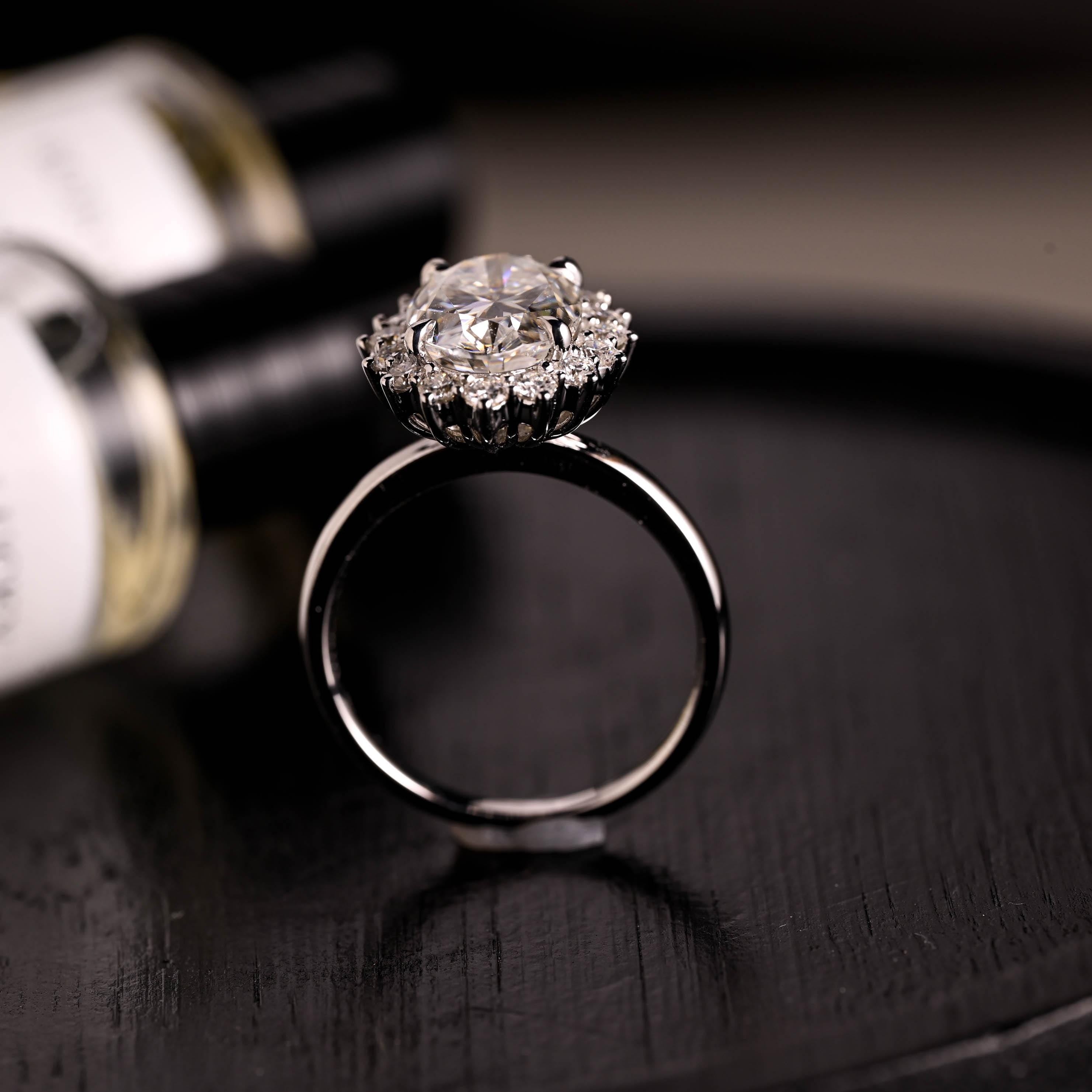 Solid Gold Starburst Oval Cut Moissanite Engagement Ring, Halo Wedding Ring