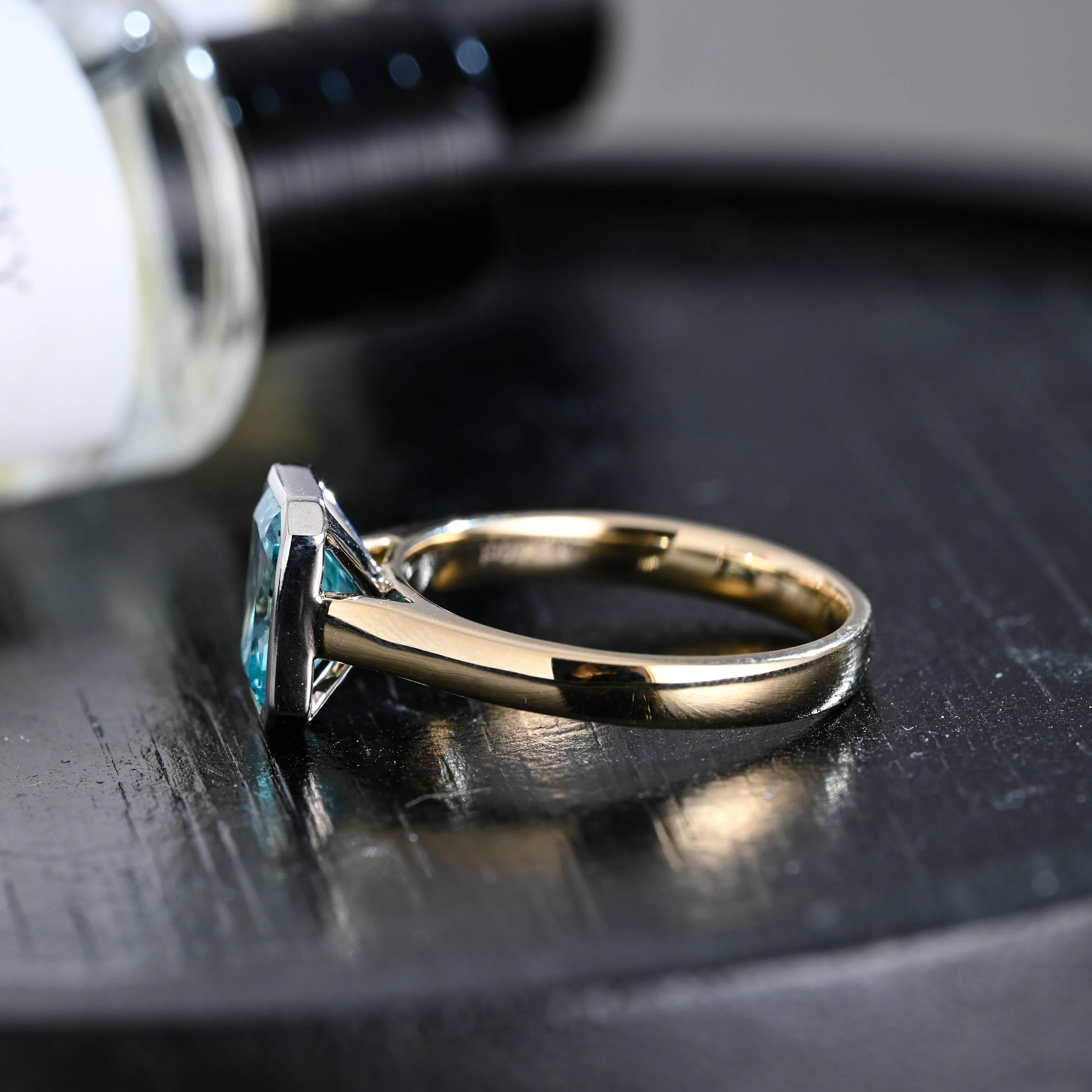 Solid Gold Radiant Cut Aquamarine Color Sapphire Engagement Ring, Two Tone Bezel Proposal Ring