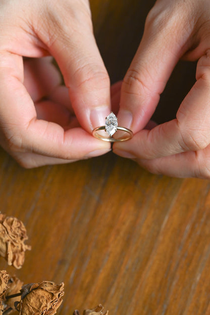 Solid Gold Marquise Cut Moissanite Engagement Ring, Anniversary Ring