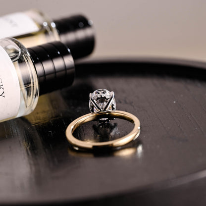 Solid Gold Two Tone Oval Cut Moissanite Engagement Ring, Hidden Halo Wedding Ring