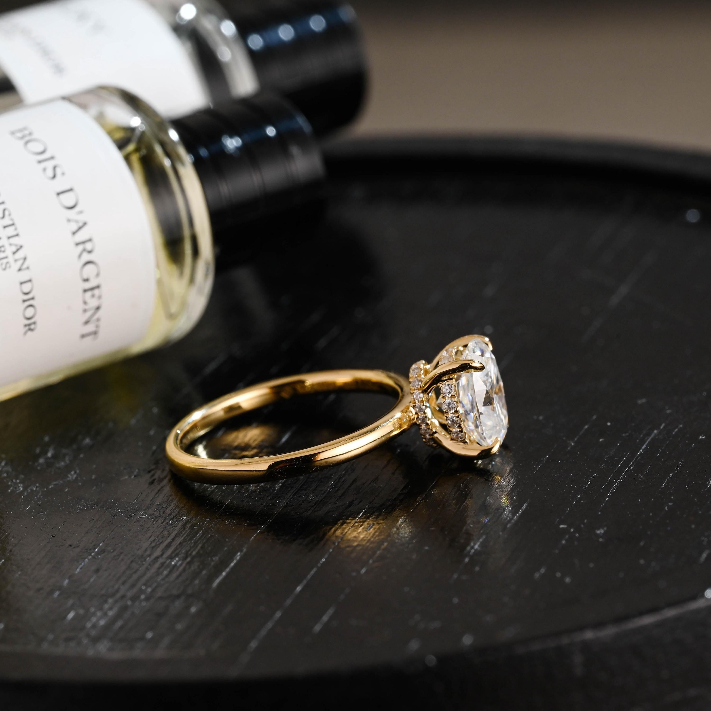 Solid Gold Oval Moissanite Engagement Ring, Hidden Halo Promise Ring