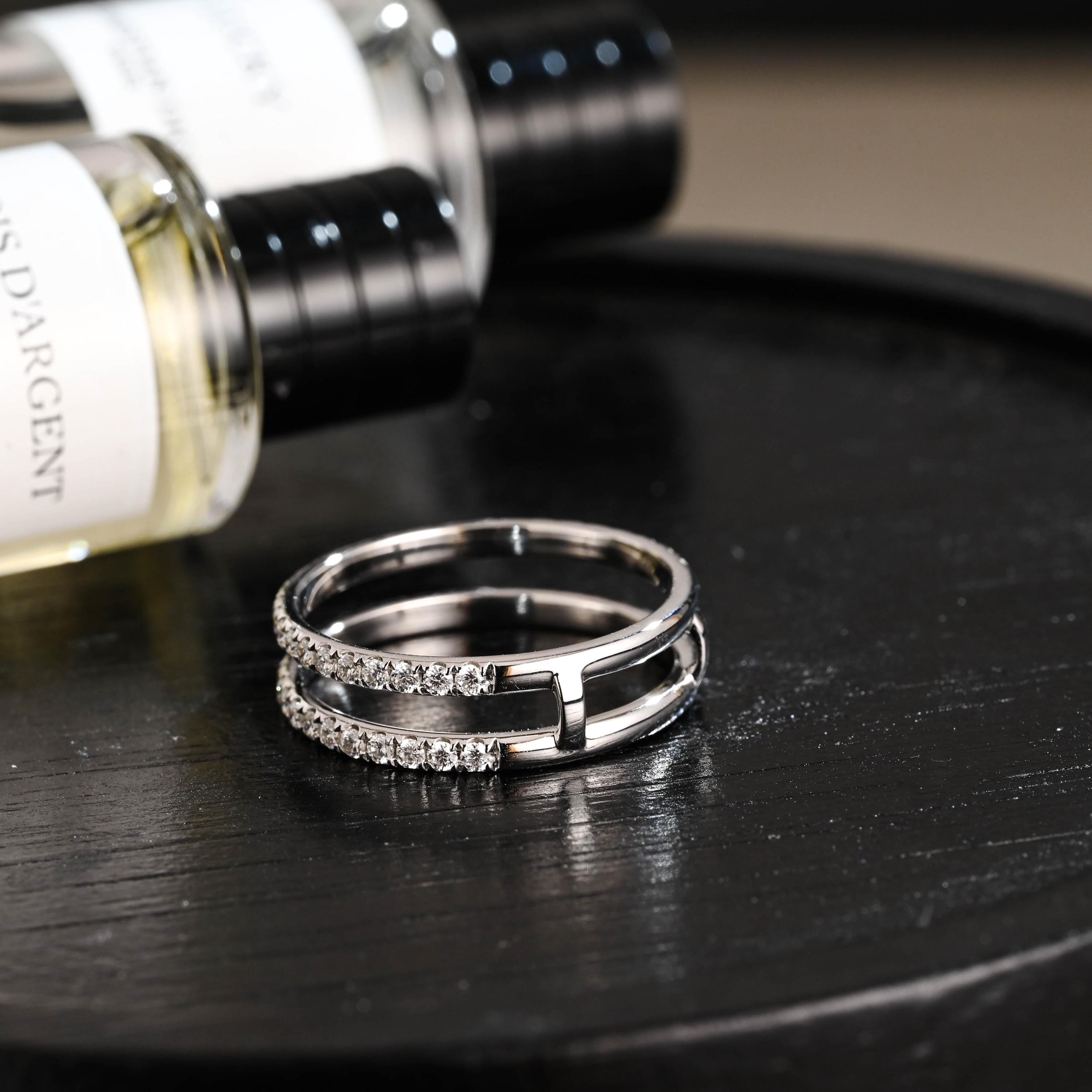 Solid Gold Moissanite Wedding Band, Double Row Enhancer Ring