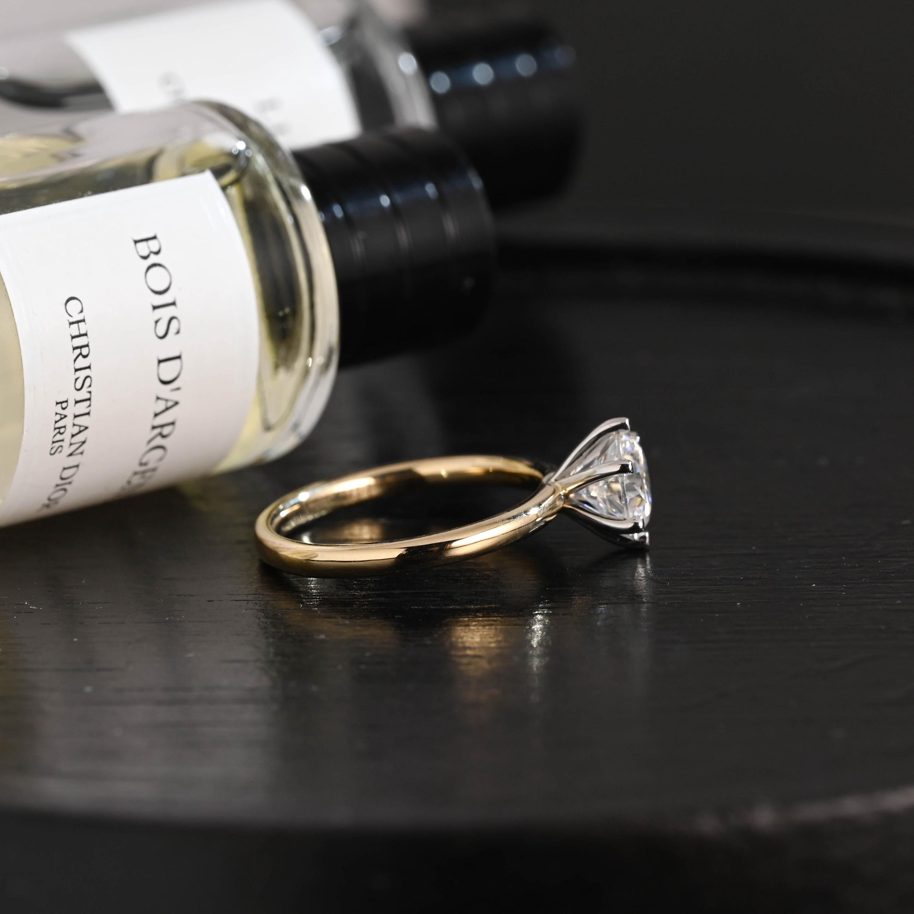 Solid Gold Two Tone Round Moissanite Engagement Ring, Solitaire Ring