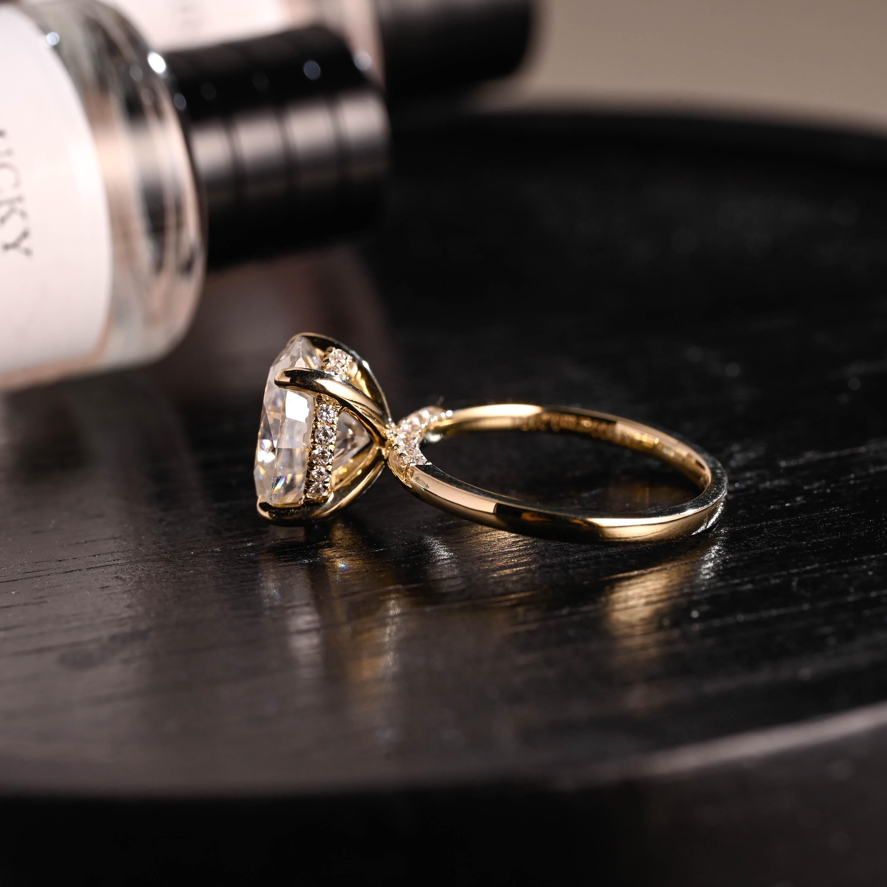 Solid Gold Hidden Halo Oval Cut Moissanite Engagement Ring, Anniversary Ring for Her