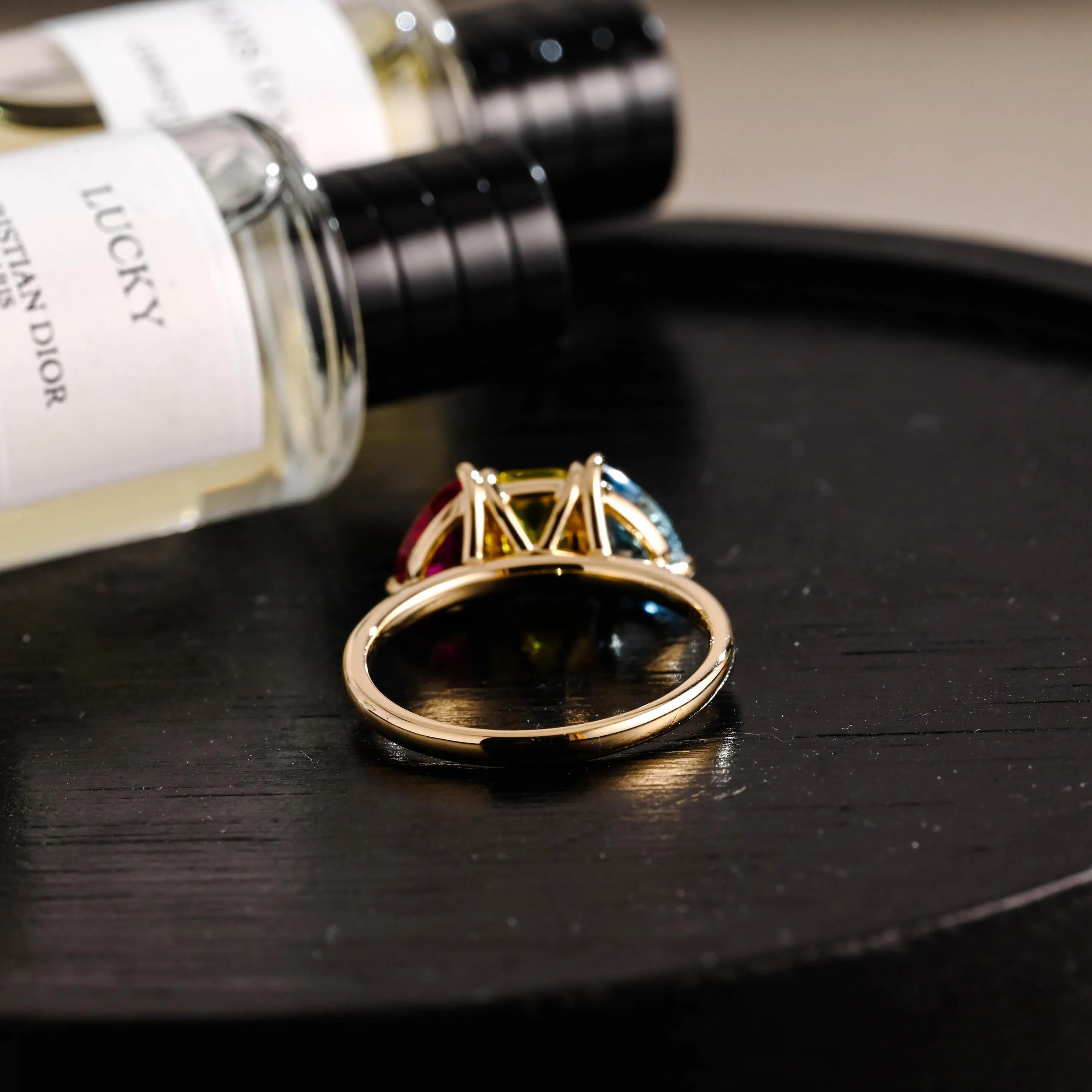 Solid Gold Pear Ruby & Emerald Cut Yellow Lab Grown Sapphire and Pear Blue Topaz Engagement Ring