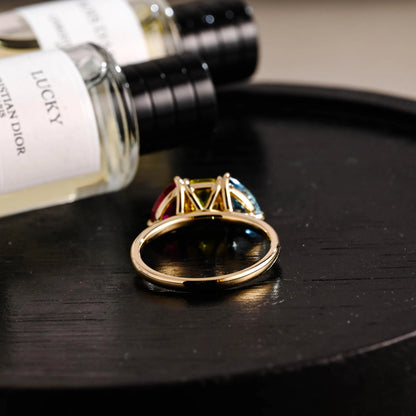 Solid Gold Pear Ruby & Emerald Cut Yellow Lab Grown Sapphire and Pear Blue Topaz Engagement Ring