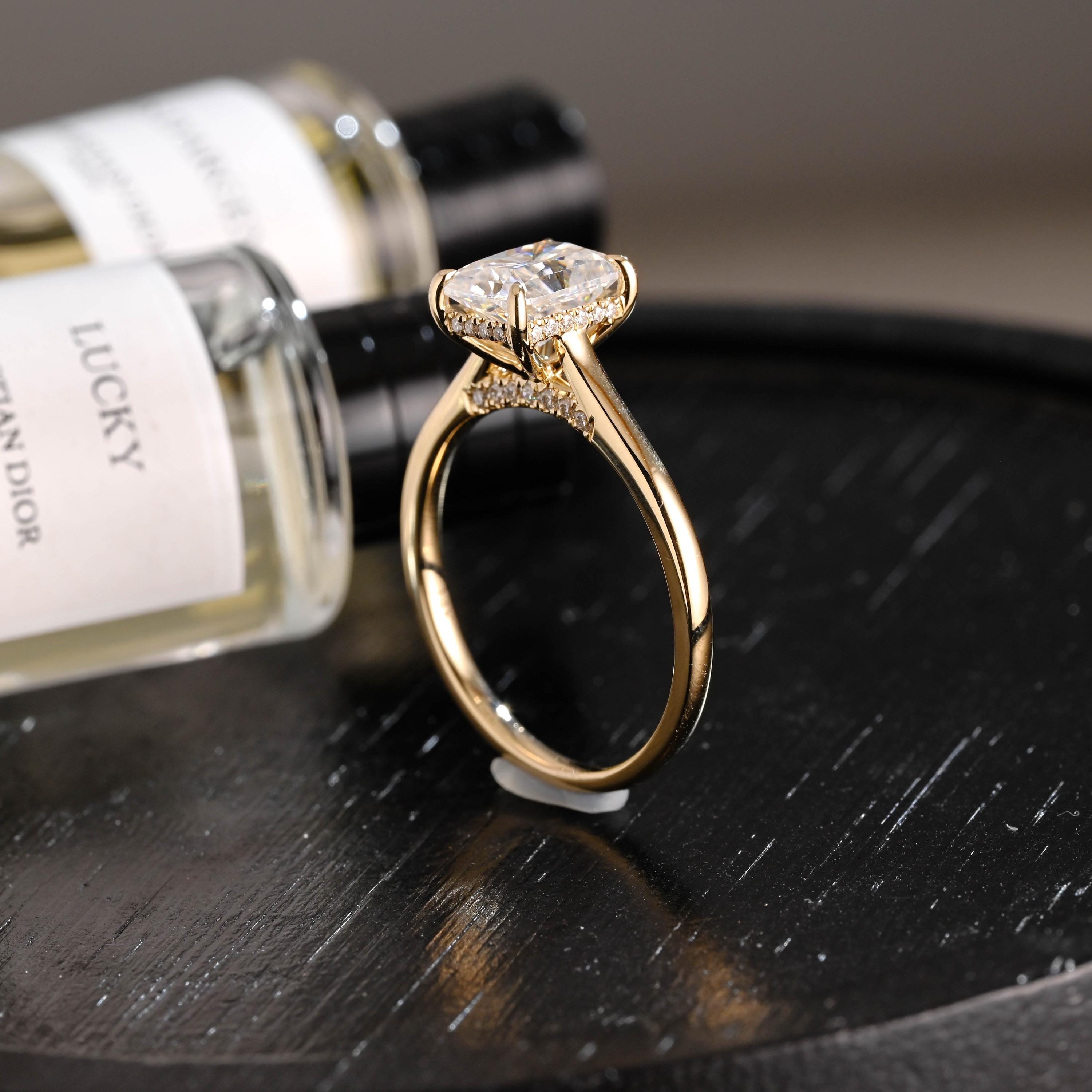 Solid Gold Hidden Halo Radiant Moissanite Engagement Ring, Cathedral Proposal Ring