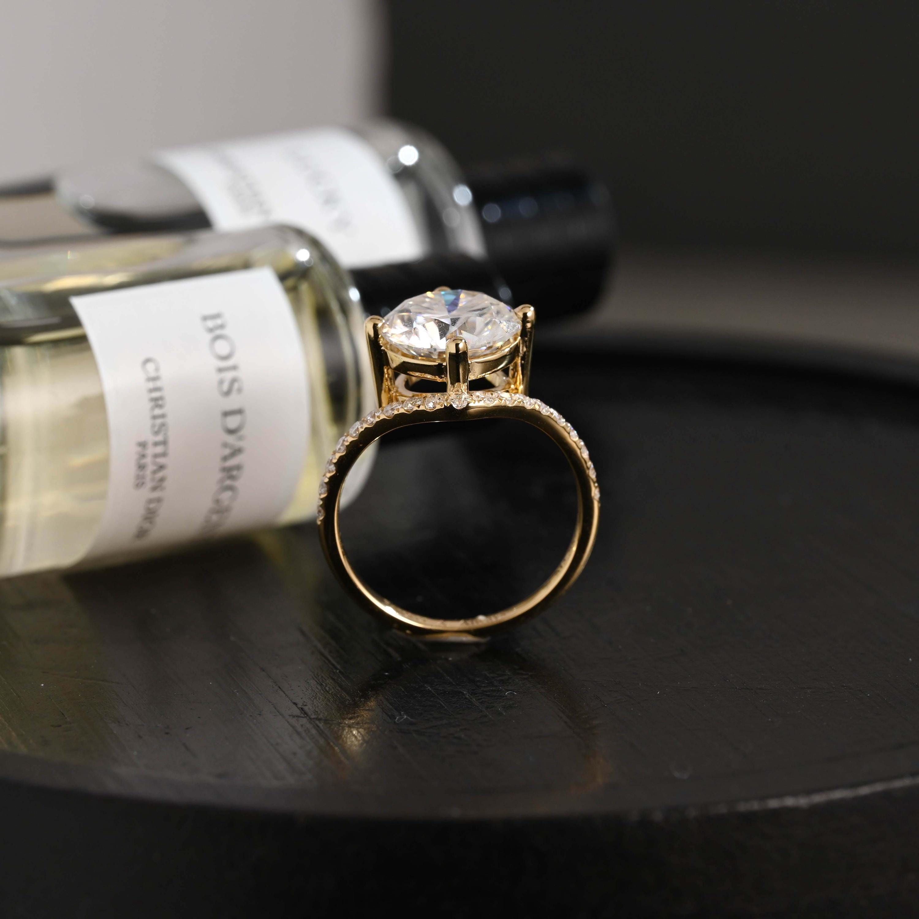 Solid Gold Round Cut Moissanite Sandwich Setting Engagement Ring, Wedding Ring