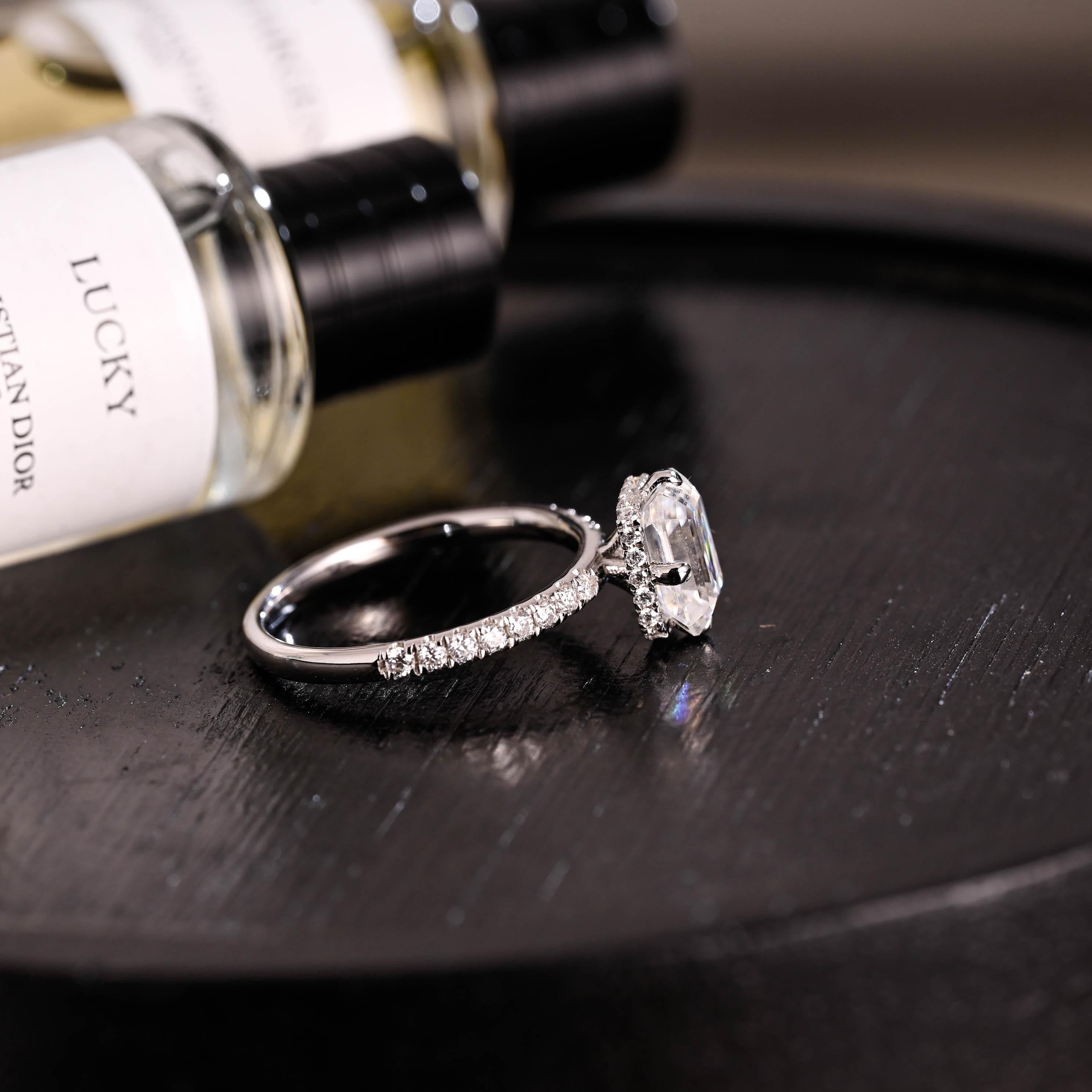 Solid Gold Hidden Halo Emerald Cut Moissanite Engagement Ring, Proposal Ring, Promise Ring, Wedding Ring, Anniversary Gift for Women Wife