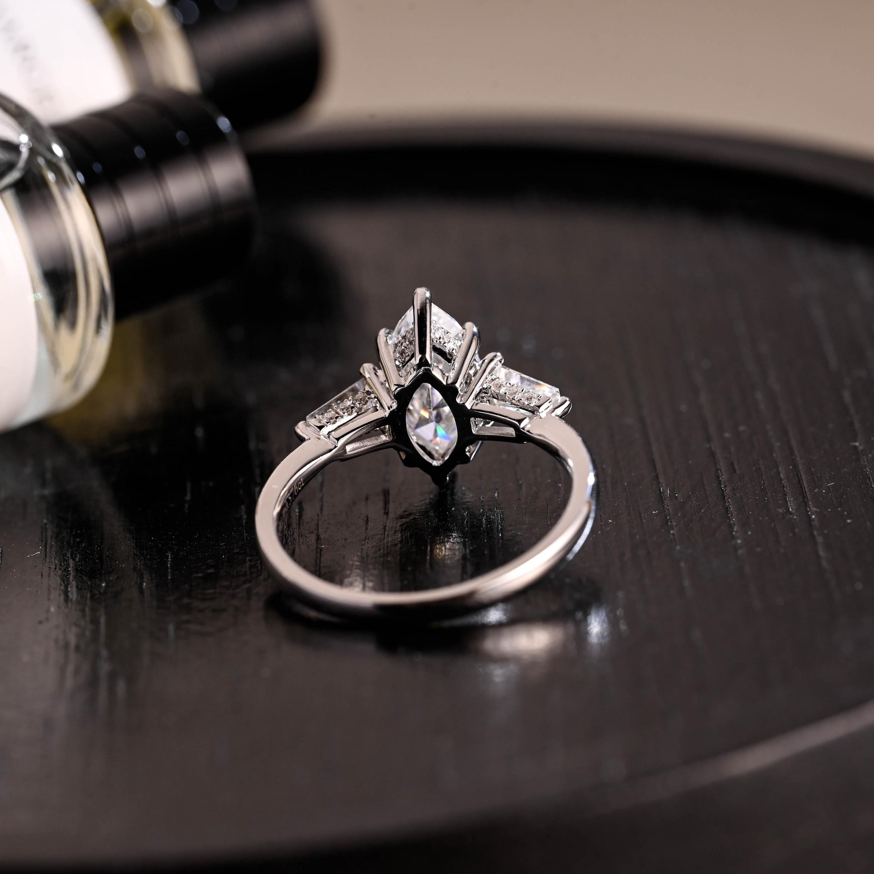 Hidden Halo Marquise Moissanite Solid Gold Engagement Ring, Three Stone Statement Ring