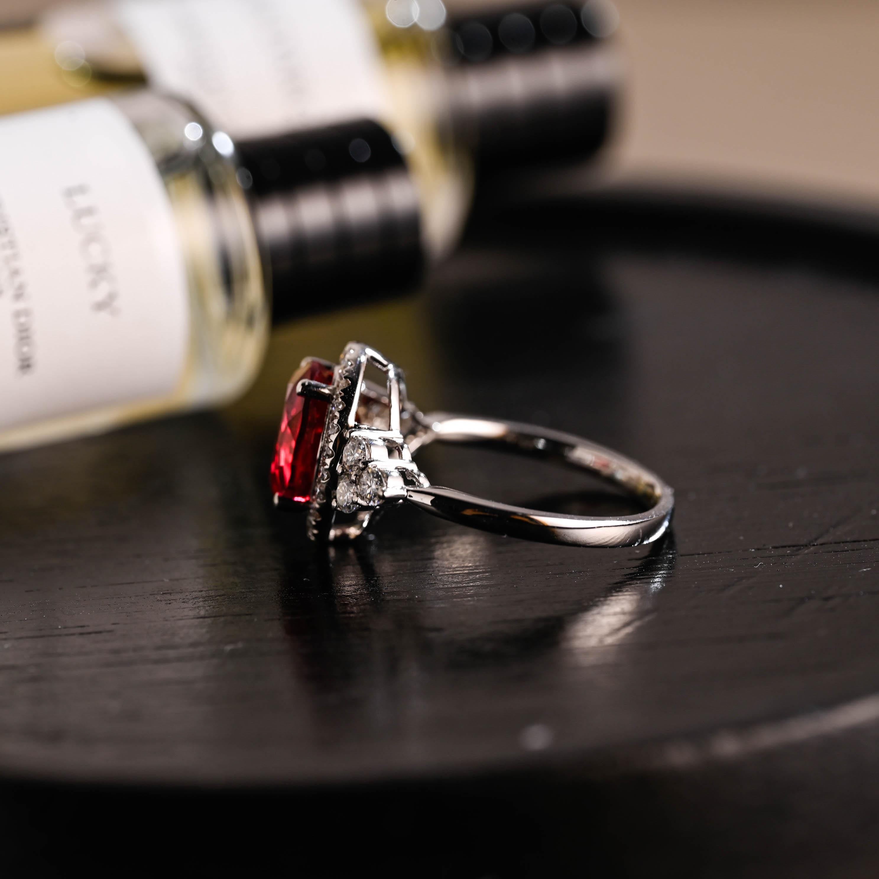 Solid Gold Oval Cut Lab Grown Ruby Engagement Ring, Halo Wedding Ring