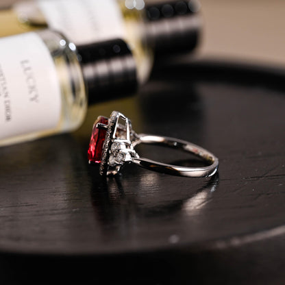 Solid Gold Oval Cut Lab Grown Ruby Engagement Ring, Halo Wedding Ring