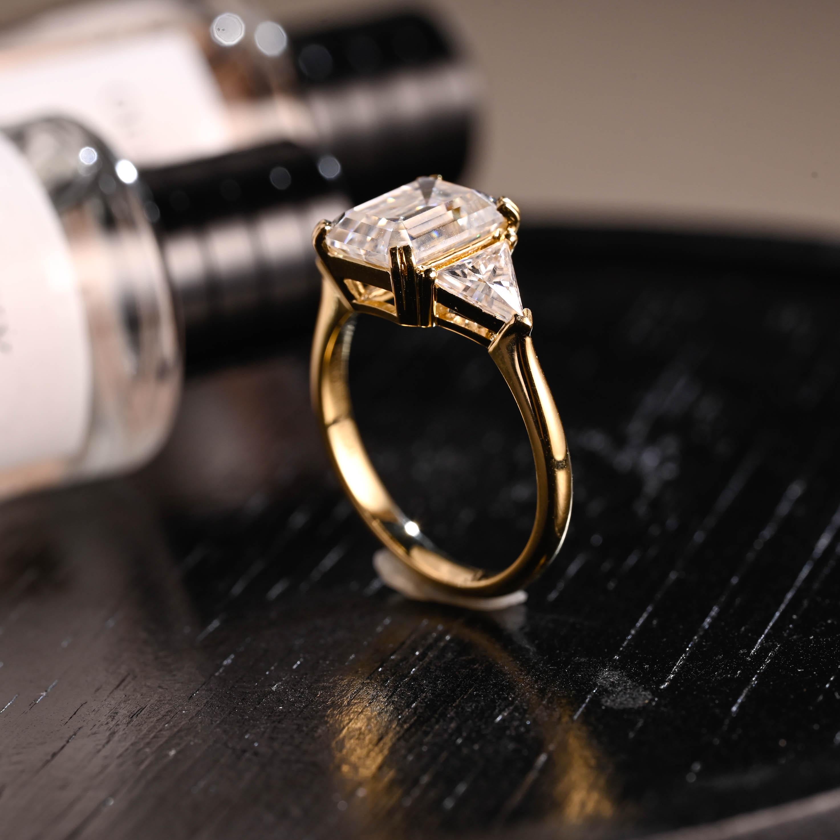 Three Stone Emerald Cut Moissanite Engagement Ring, Solid Gold Emerald Cut Moissanite Wedding Ring, Anniversary Ring, Double Claws Prong