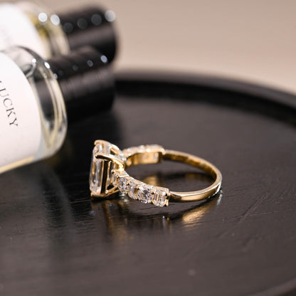 Solid Gold Emerald Cut Moissanite Engagement Ring, Low Setting Emerald Cut Wedding Ring, Side Pave Anniversary Ring, Moissanite Promise Ring