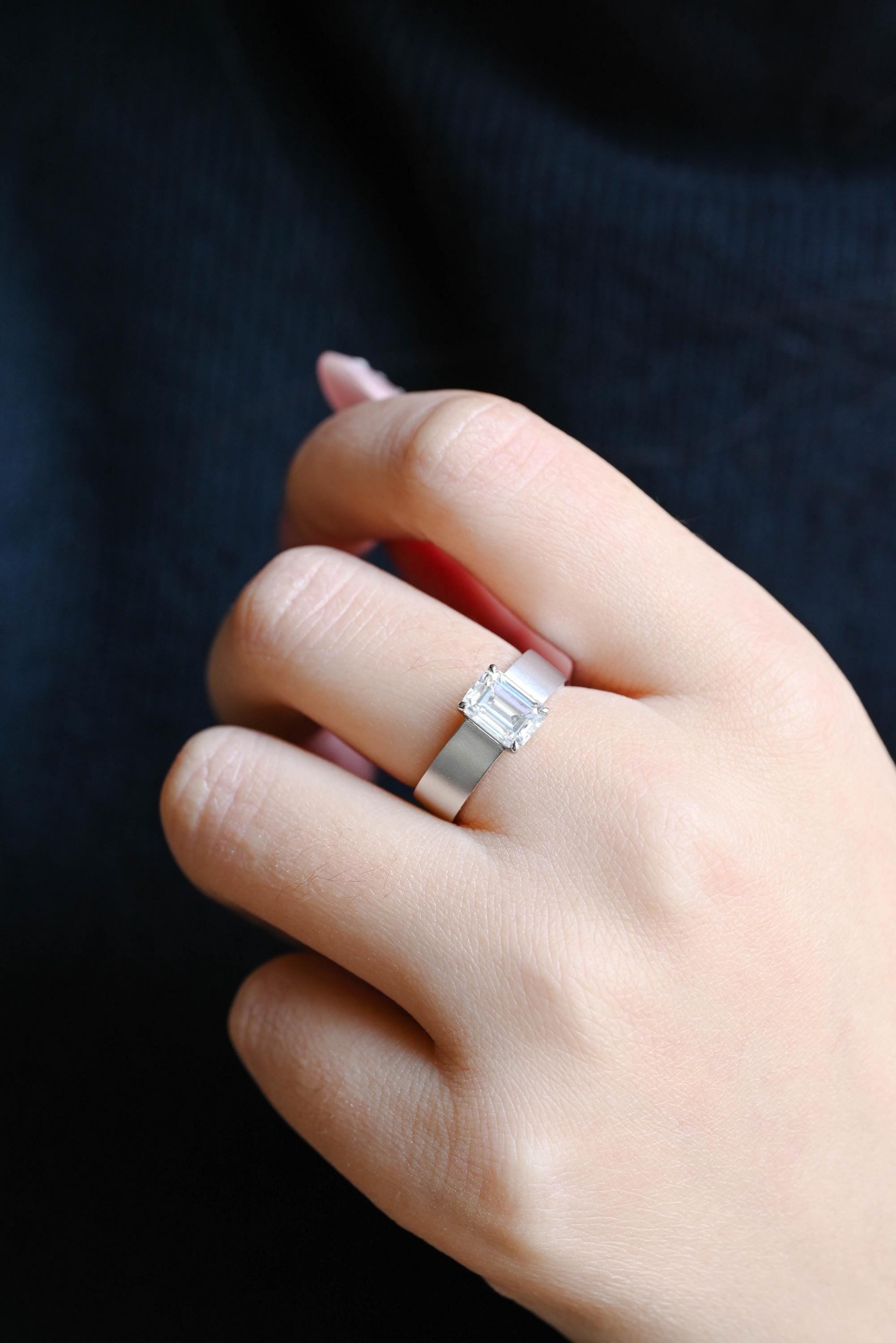 Solid Gold 5mm Matte Finish Solitaire Emerald Cut Moissanite Engagement Ring, Proposal Ring, Promise Ring, Wedding Ring, Gift for Women Wife