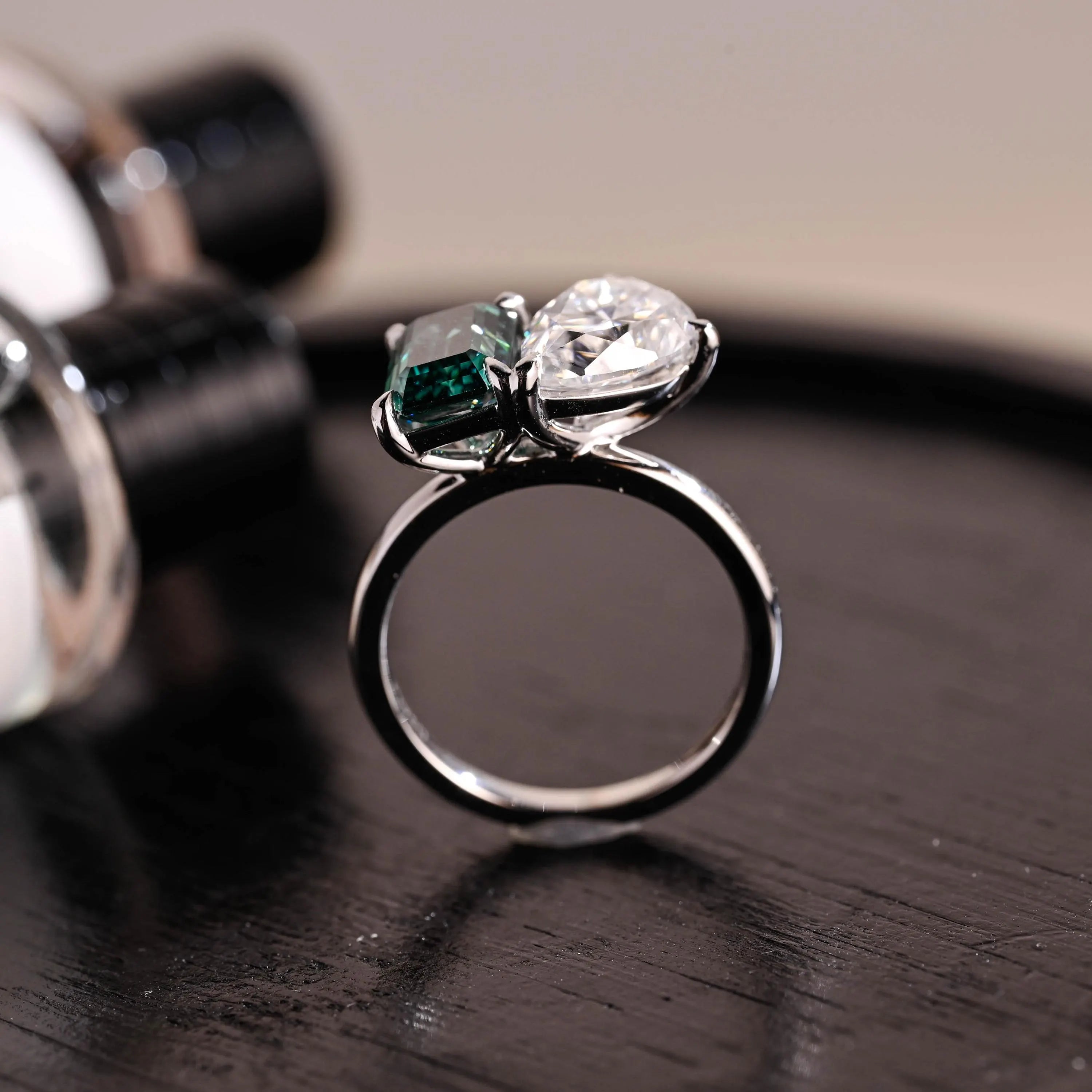 Solid Gold Pear Cut Toi et Moi Moissanite Engagement Ring, Green Moissanite Two Stone Ring