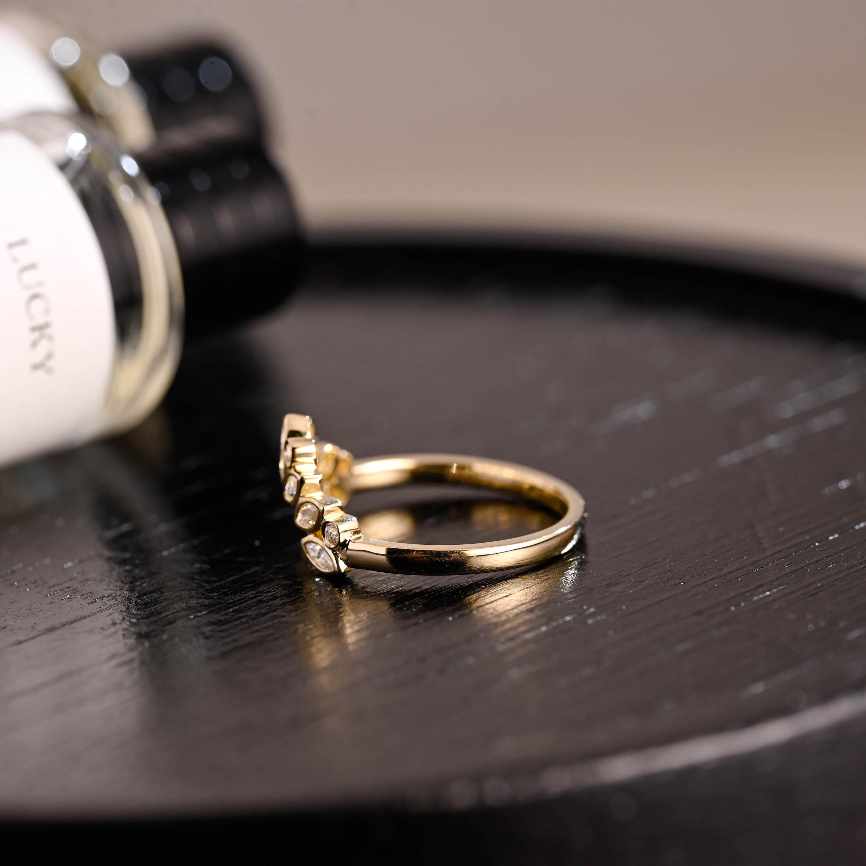 Curved Solid Gold Moissanite Wedding Band, Bezel Nest Ring