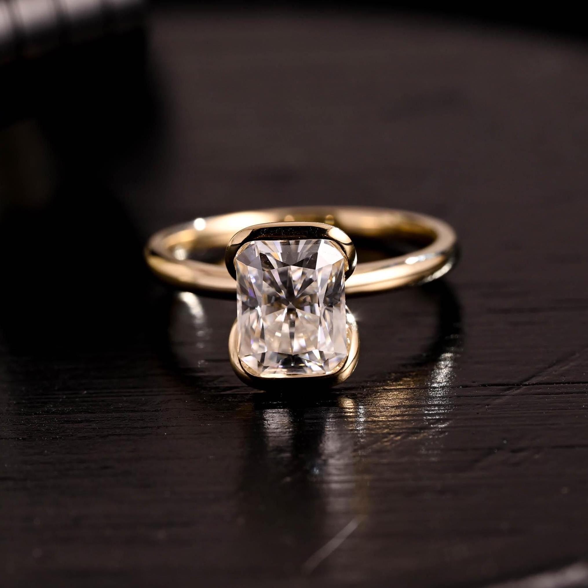 Solid Gold Half Bezel Radiant Cut Moissanite Engagement Ring, Solitaire Ring