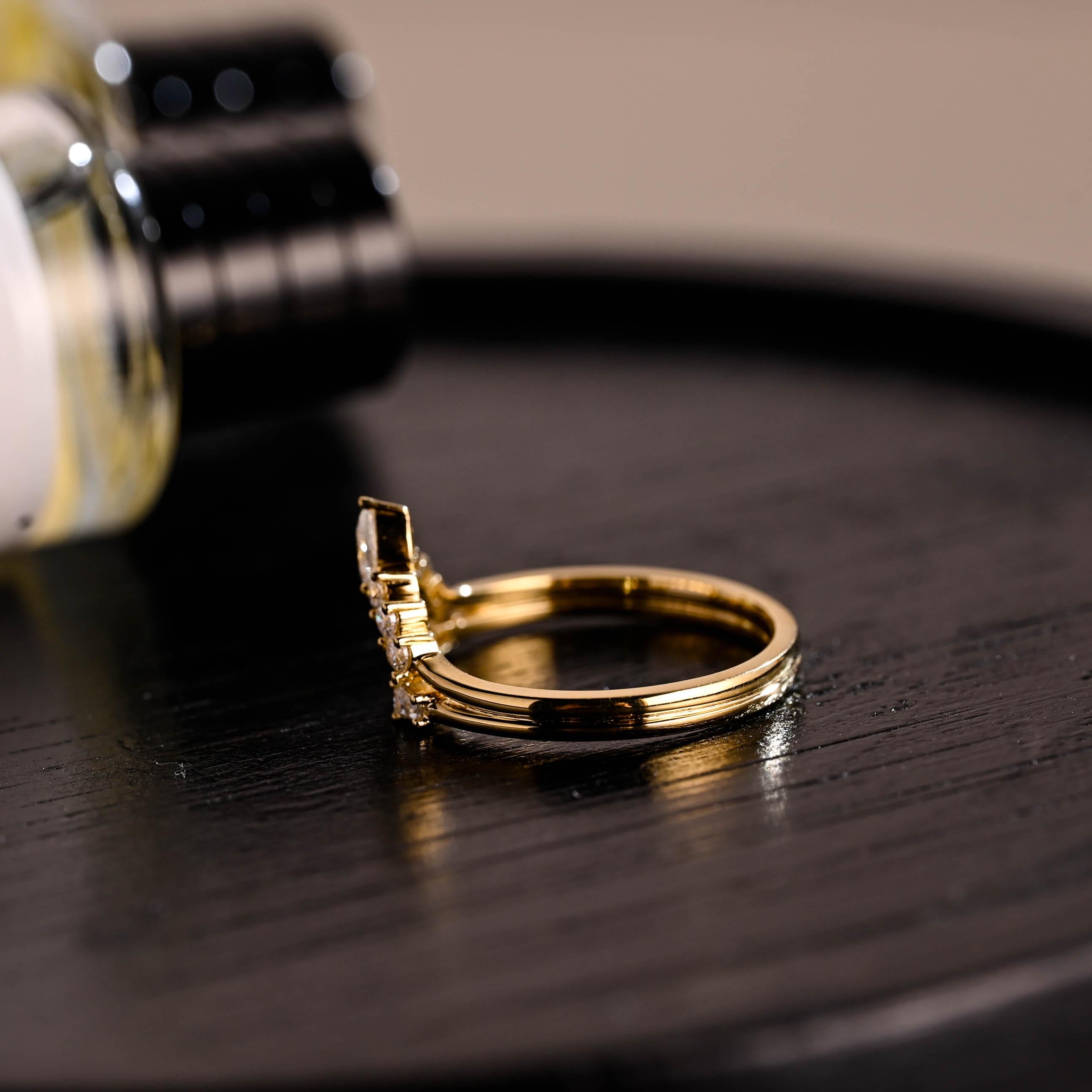 Solid Gold Moissanite Nesting Wedding Band, Stackable Curved Ring