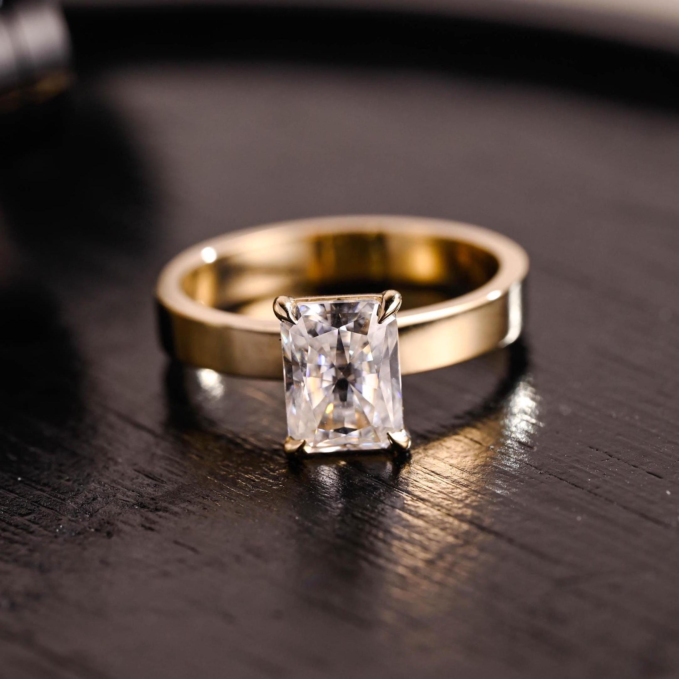 Solid Gold Radiant Cut Solitaire Moissanite Ring, Rectangular Engagement Ring, Gift for Her