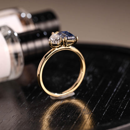 Solid Gold Toi et Moi Pear Moissanite Engagement Ring, Lab Grown Sapphire Two Stone Ring
