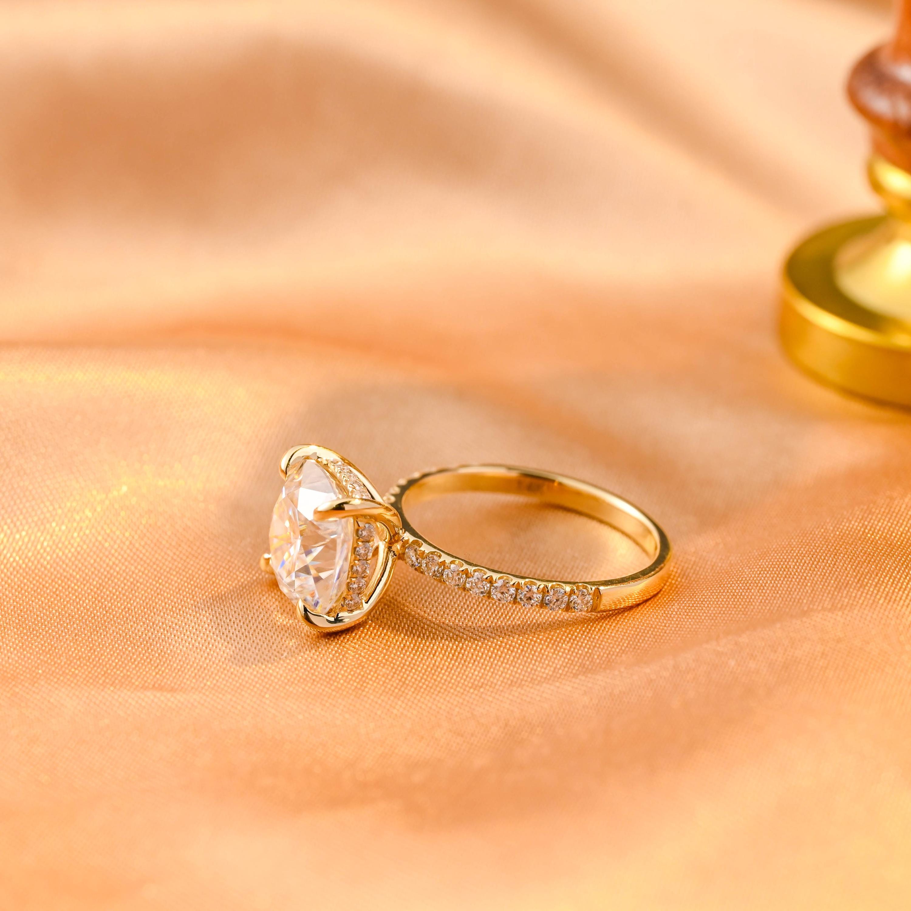 Solid Gold Cushion Cut Moissanite Engagement Ring, Hidden Halo Cushion Cut Wedding Ring, Half Pave Anniversary Ring for Her, Moissanite Gift