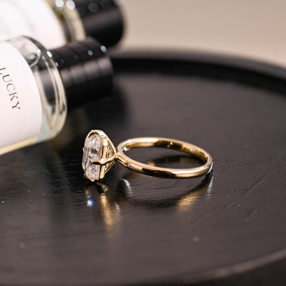 Solid Gold Compass Set Solitaire Emerald Cut Moissanite Engagement Ring, Anniversary Ring