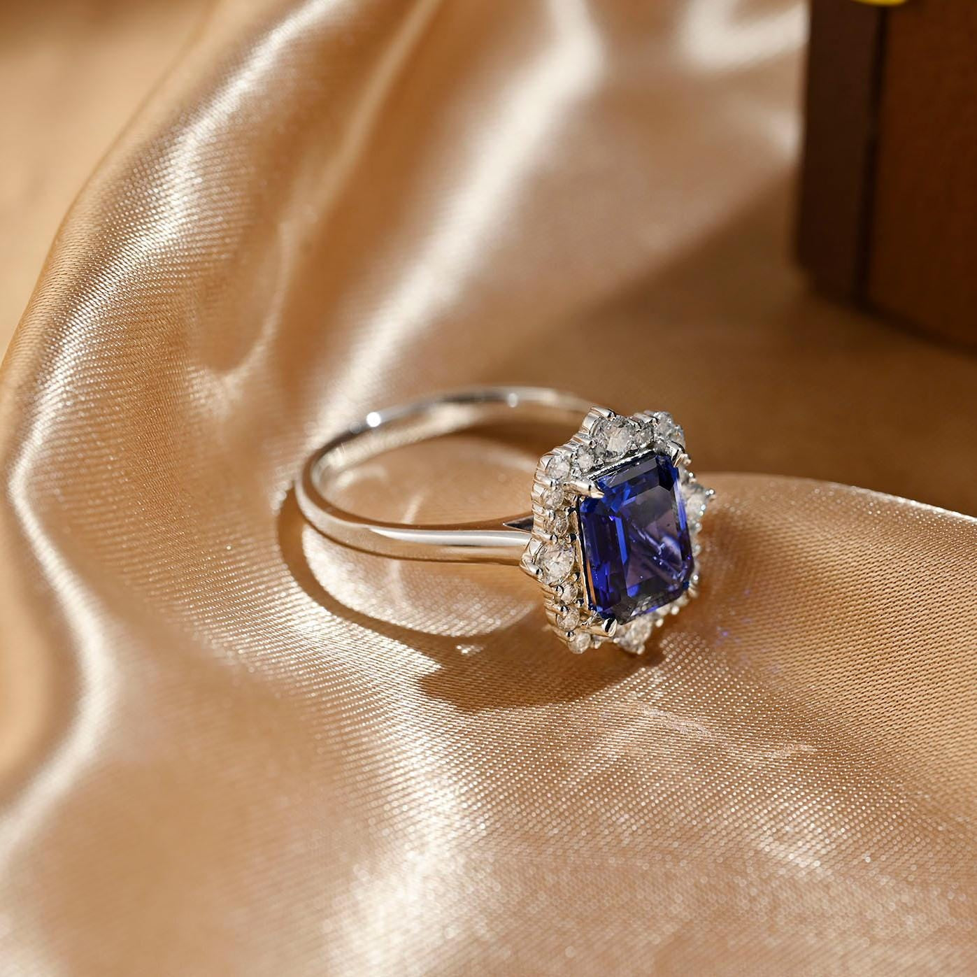 Solid Gold Emerald Cut Lab Grown Sapphire Engagement Ring, Halo Moissanite Wedding Ring, Anniversary Gemstone Ring, Moissanite Gifts