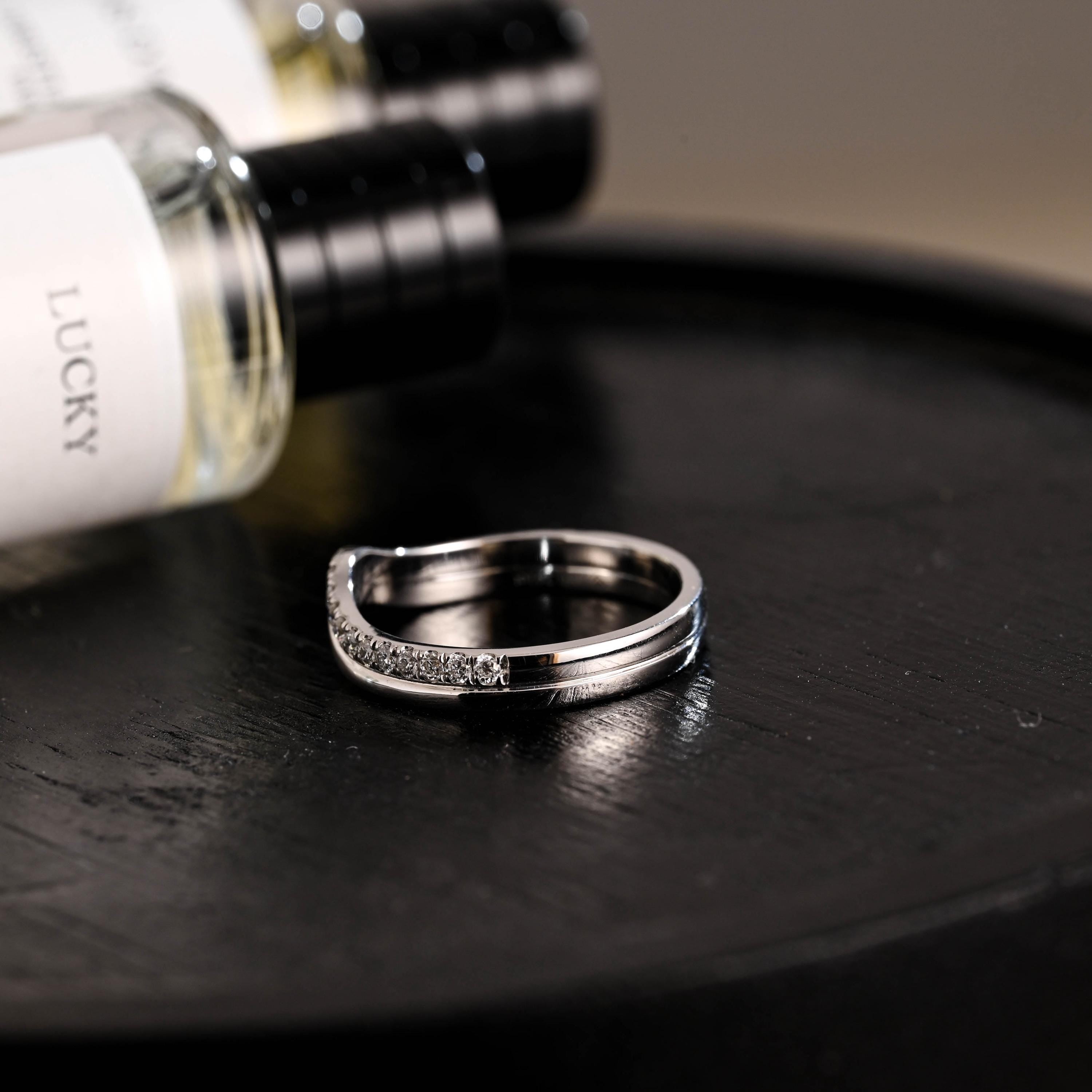 Solid Gold Curved Moissanite Wedding Band, Matching Ring
