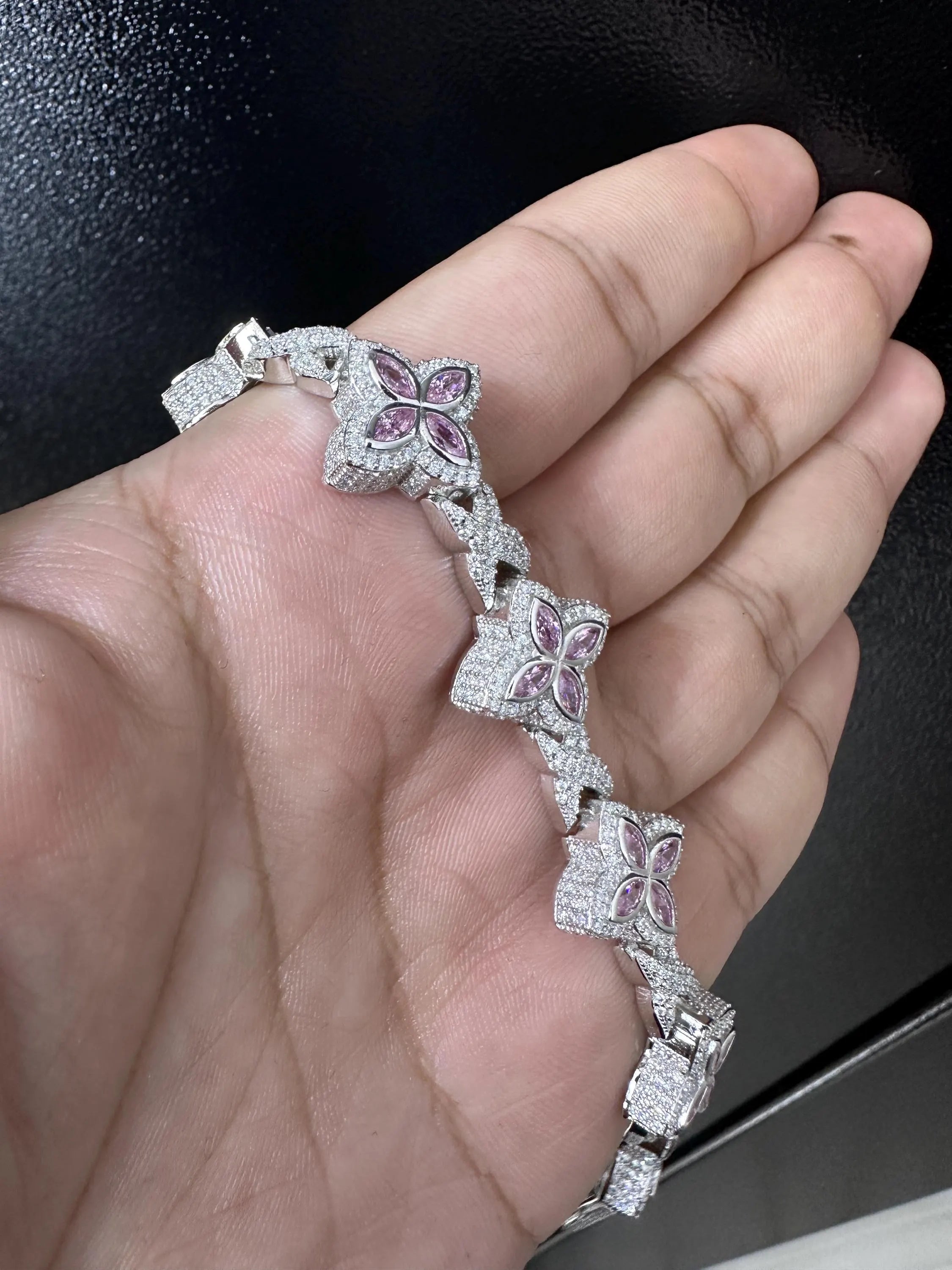 Iced Out Clover Bracelet: 925 Sterling Silver, Pink Sapphire Moissanite