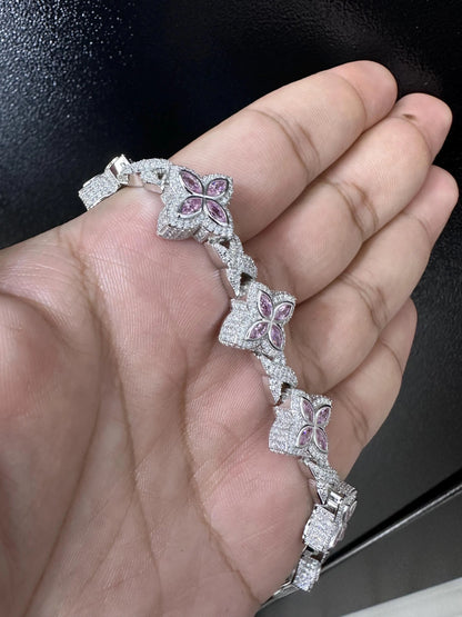 Iced Out Clover Bracelet: 925 Sterling Silver, Pink Sapphire Moissanite