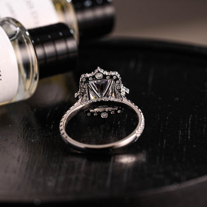 Solid Gold Radiant Cut Moissanite Engagement Ring, Halo Pave Vintage Style Cathedral Setting