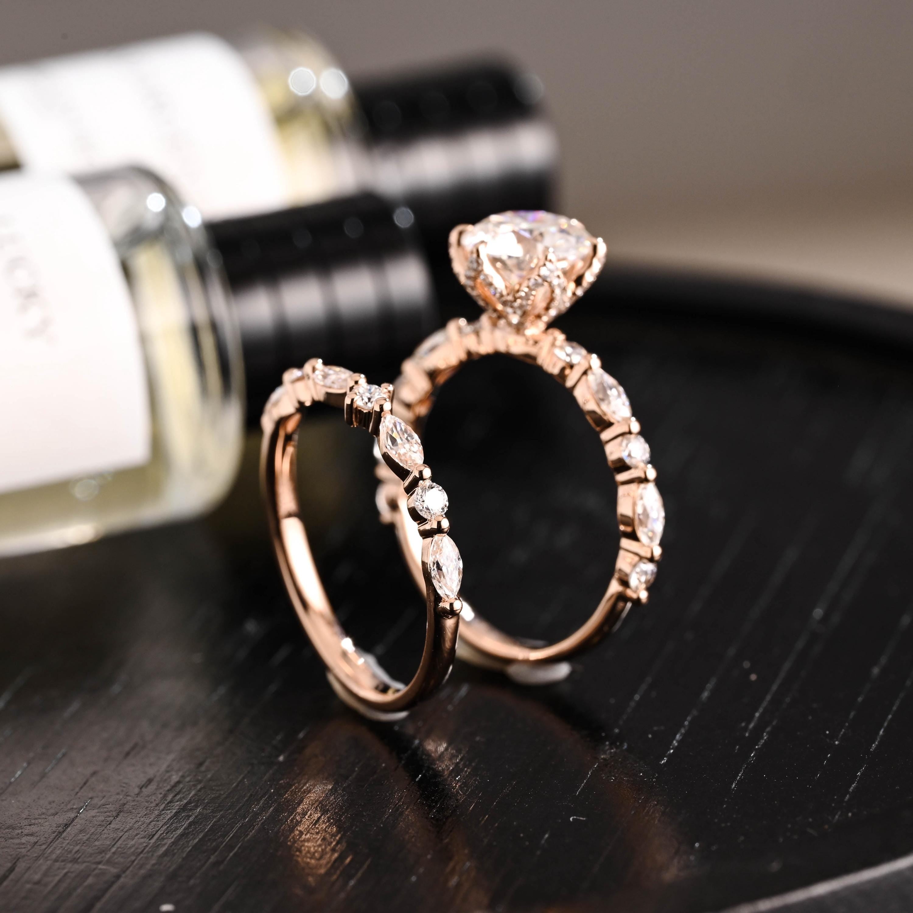 Solid Gold Round Cut Moissanite Engagement Ring Set, Marquise Bridal Round Wedding Ring Set
