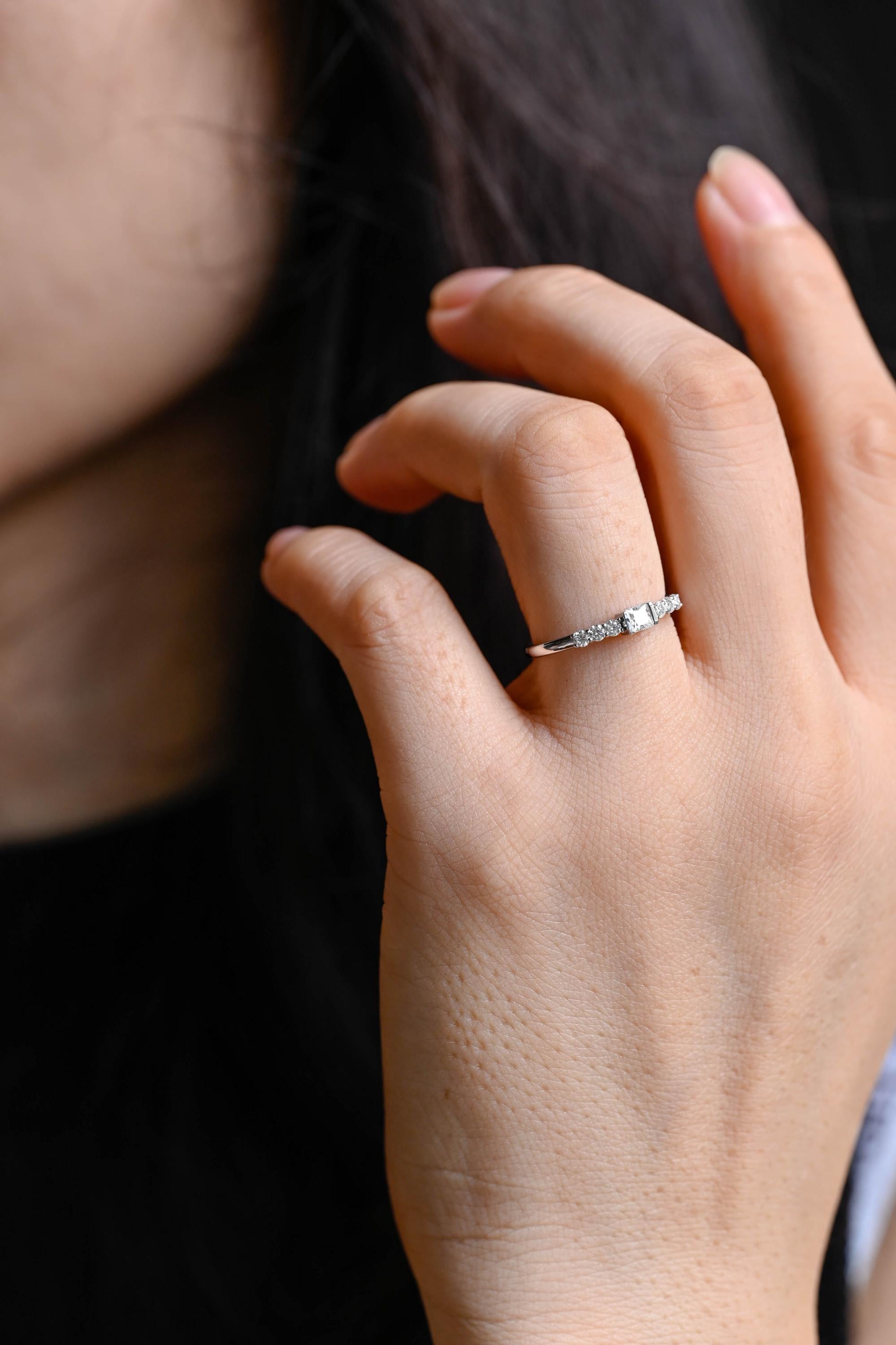 Solid Gold Moissanite Wedding Band, Princess & Round Cut Ring