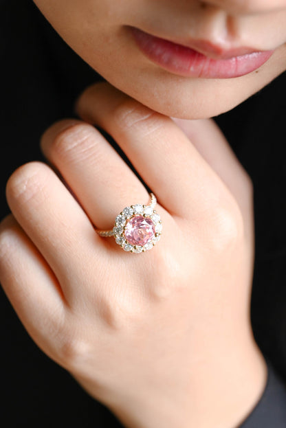 Solid Gold Round Cut Pink Sapphire Engagement Ring, Anniversary Gift Birthday Gift for Women Wife