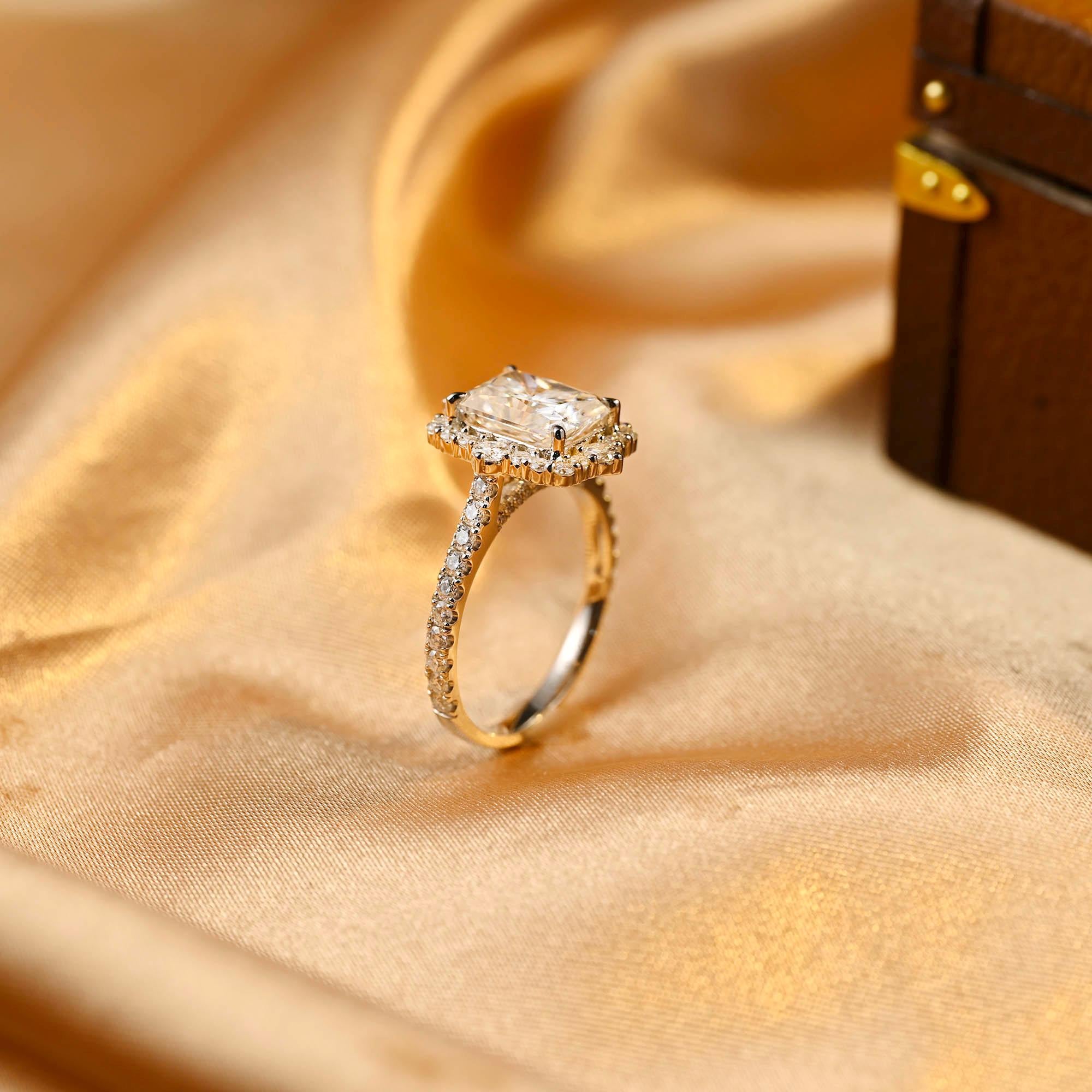 Solid Gold Radiant Cut Moissanite Engagement Ring, Halo Pave Vintage Style, Cathedral Setting