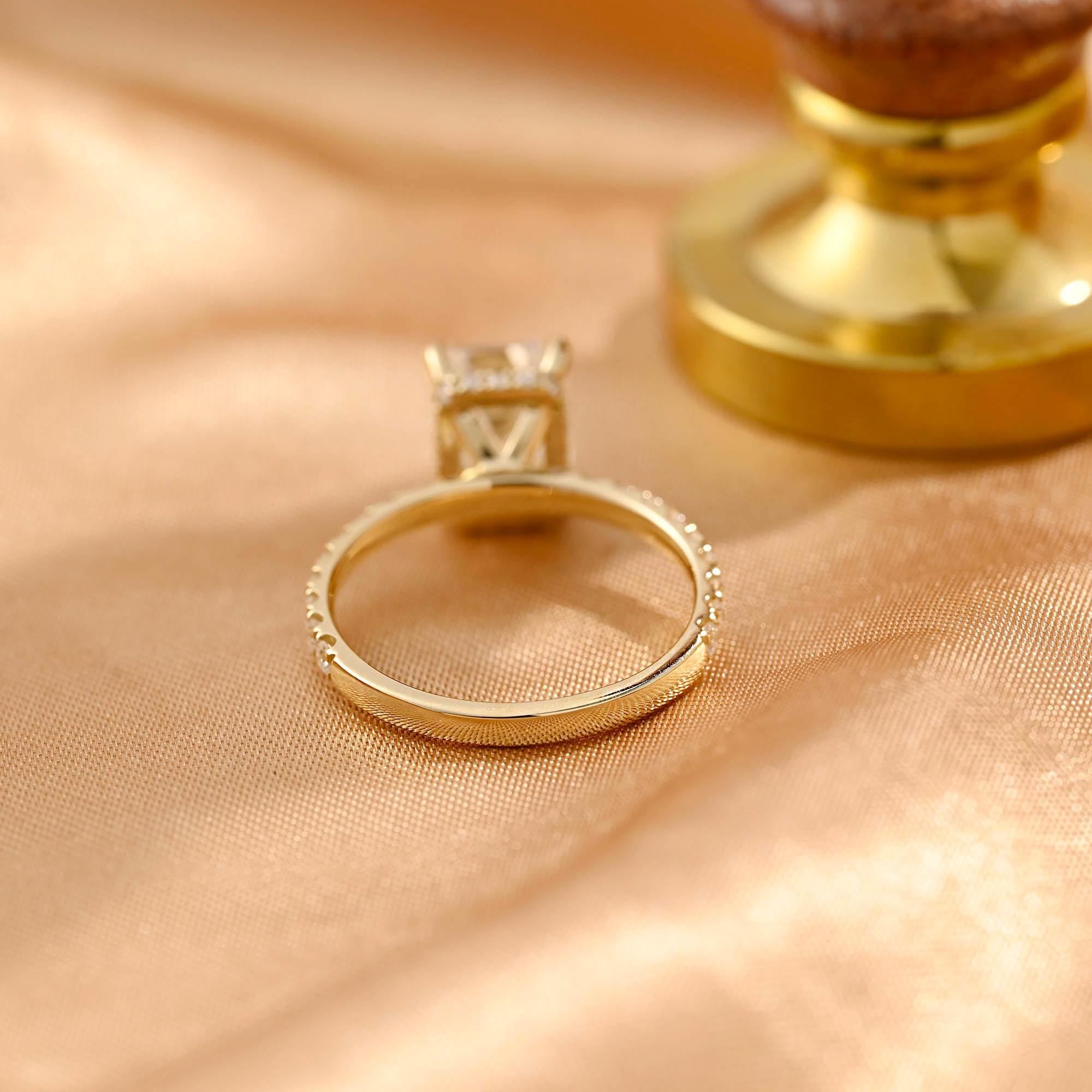 Half Eternity Emerald Cut Moissanite Engagement Ring, Solid Gold Hidden Halo Pave Emerald Cut Moissanite Wedding Ring, Anniversary Ring
