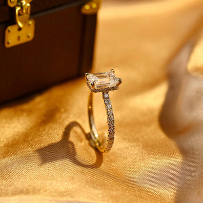 Cathedral Setting Emerald Cut Moissanite Engagement Ring, Solid Gold Hidden Halo Pave Emerald Moissanite Wedding Ring, Anniversary Ring