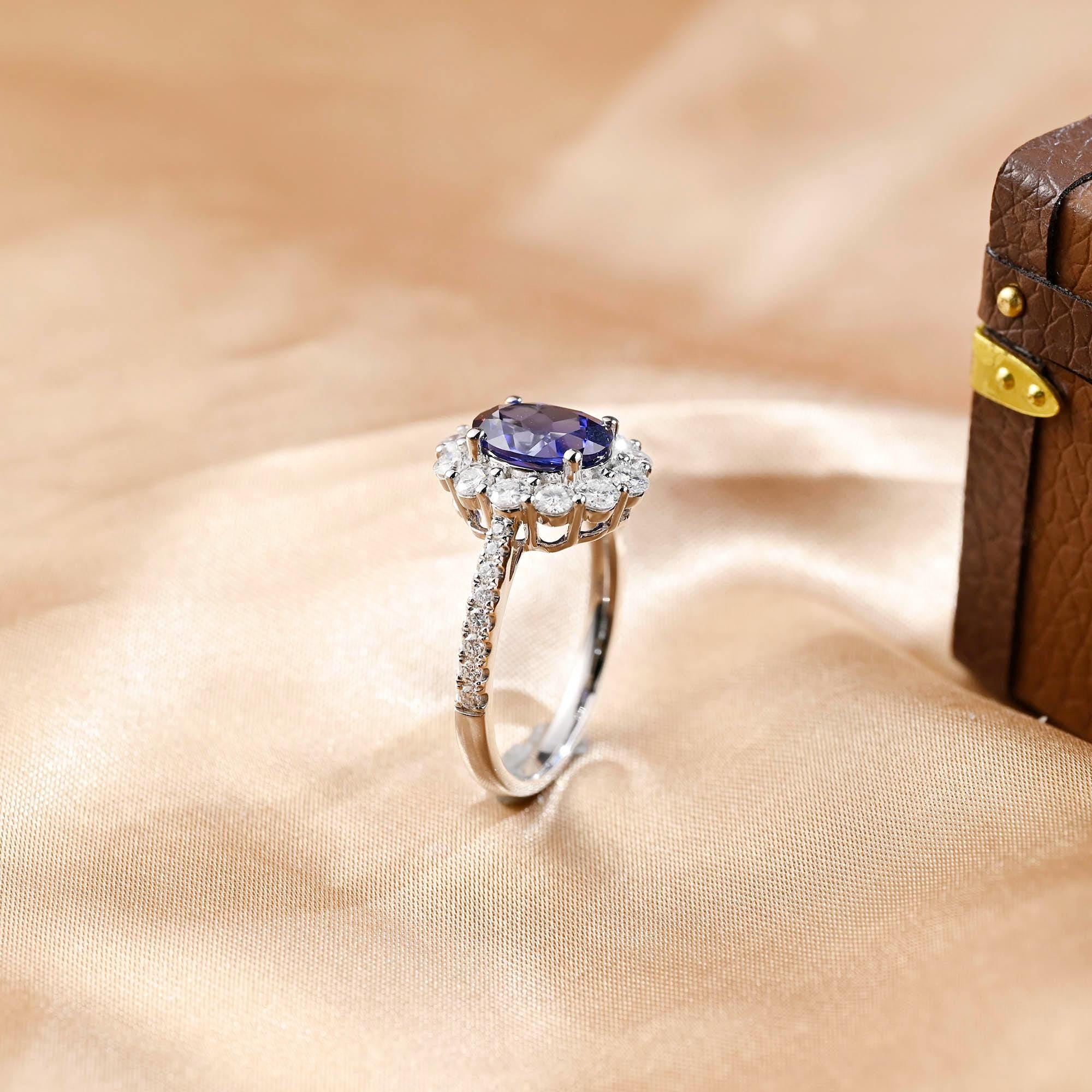 Solid Gold Oval Cut Lab Grown Sapphire Engagement Ring, Halo Wedding Ring