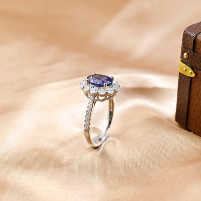 Solid Gold Oval Cut Lab Grown Sapphire Engagement Ring, Halo Wedding Ring