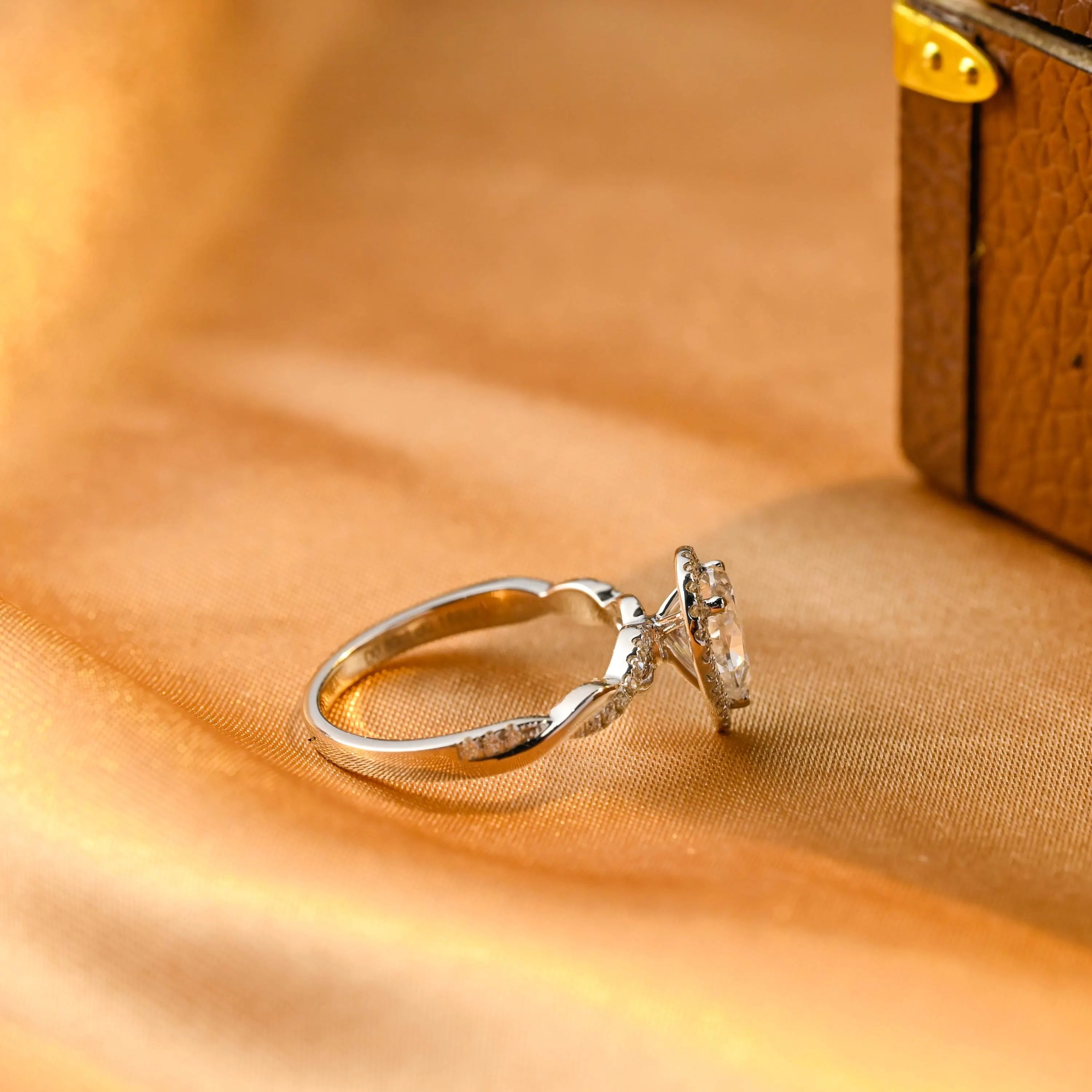 Twisted Band Pear Cut Moissanite Engagement Ring, Halo Pave Pear Moissanite Wedding Ring