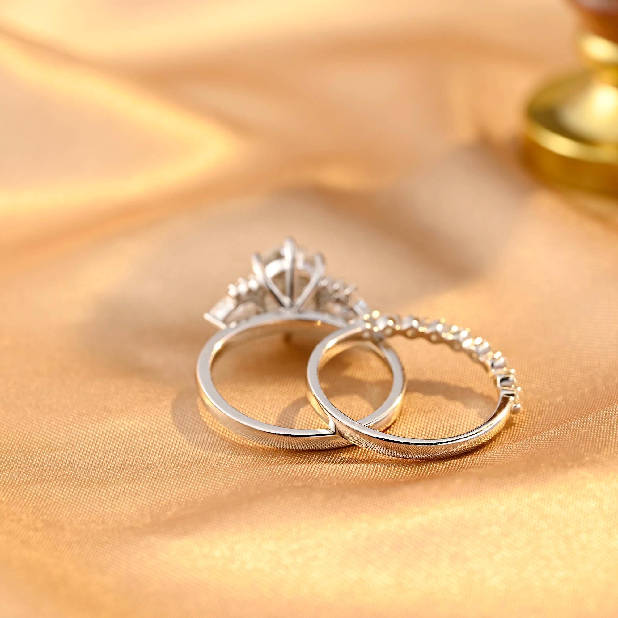 Solid Gold Three Stone Oval Cut Moissanite Engagement Ring Set, Half Eternity Ring Bridal Set