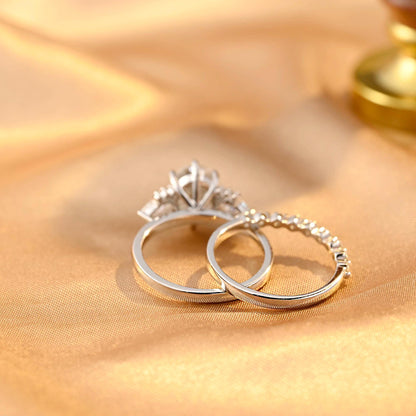 Solid Gold Three Stone Oval Cut Moissanite Engagement Ring Set, Half Eternity Ring Bridal Set