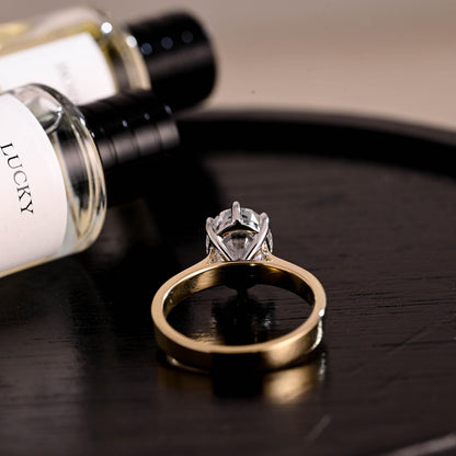 Solid Gold Two Tone Solitaire Oval Cut Moissanite Engagement Ring, 3mm Wide Cathedral Setting